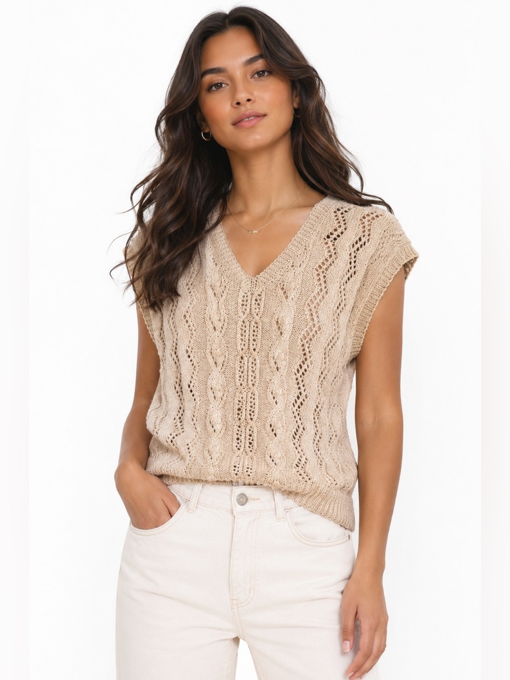 ⭐️ Boho Cream Cable-Knit V-Neck Sweater - PTP 22
